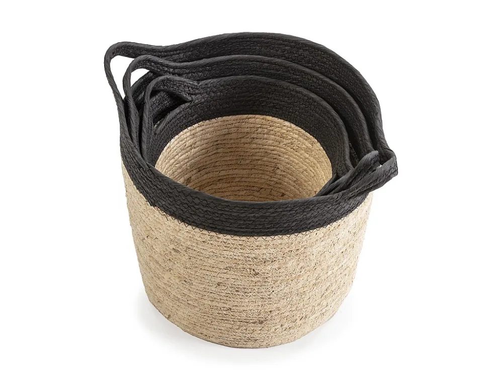 Set van 3 Otilia manden van natuurlijke vezels en papier, zwart/beige met handvatten. VS Venta-stock