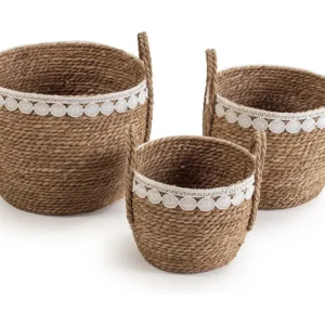 Set van 3 Yasmina manden van natuurlijke vezels met handvatten, wit/natuurlijk VS Venta-stock
