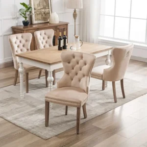 Lot de 4 Chaises de salle à manger, cuisine et salon chaise rembourrée pieds en bois massif - 53.5x64x95cm beige