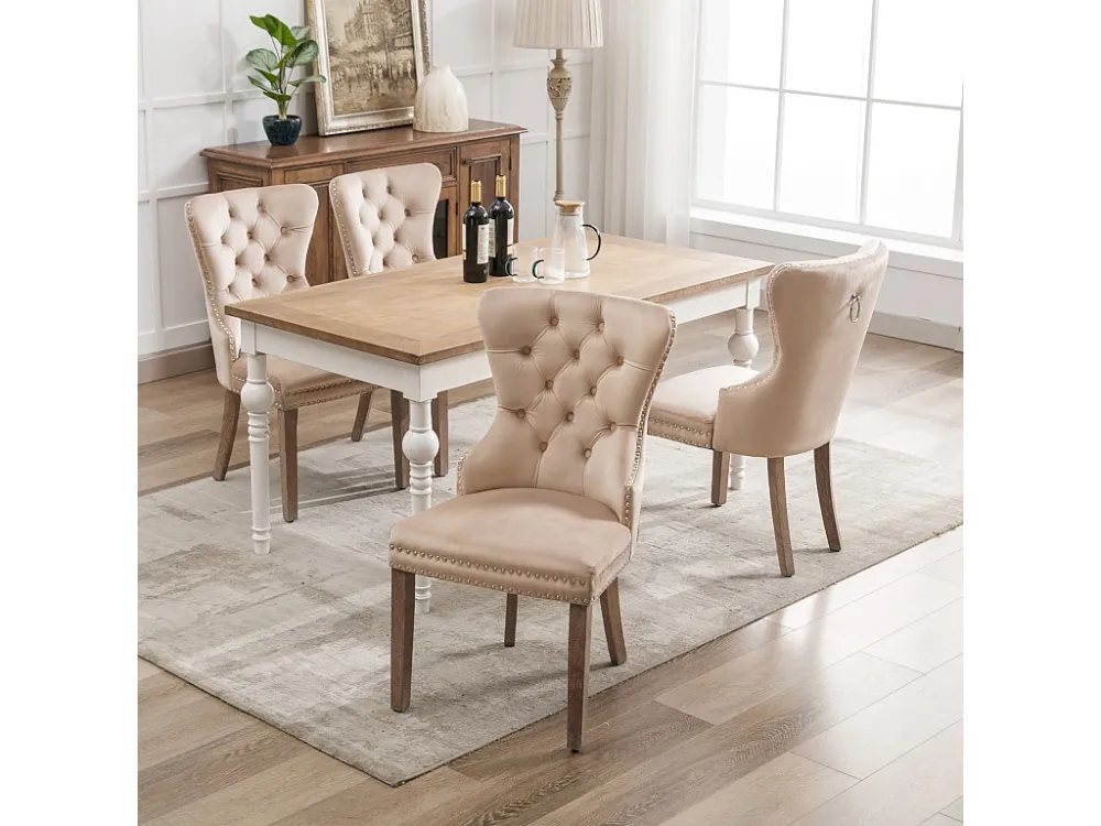 Lot de 4 Chaises de salle à manger, cuisine et salon chaise rembourrée pieds en bois massif - 53.5x64x95cm beige