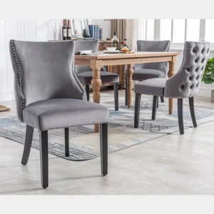 Lot de 4 chaises velours gris - Chaise 4 pieds avec piqûre de bouton structure en bois massif pour salle à manger - 91x50x...
