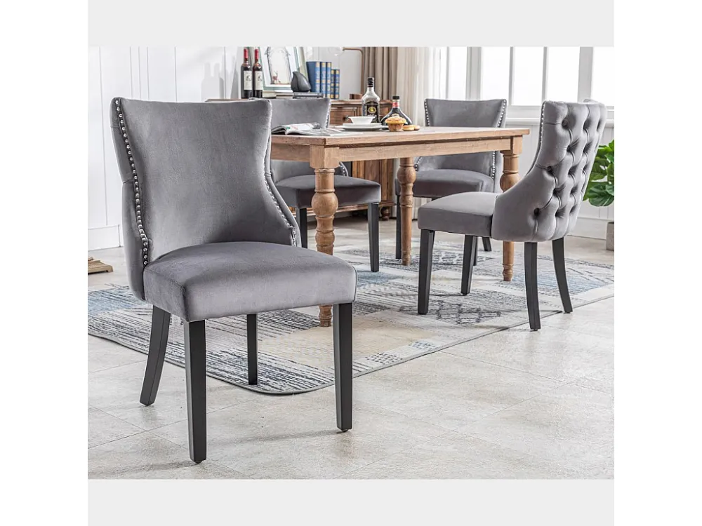 Lot de 4 chaises velours gris - Chaise 4 pieds avec piqûre de bouton structure en bois massif pour salle à manger - 91x50x...