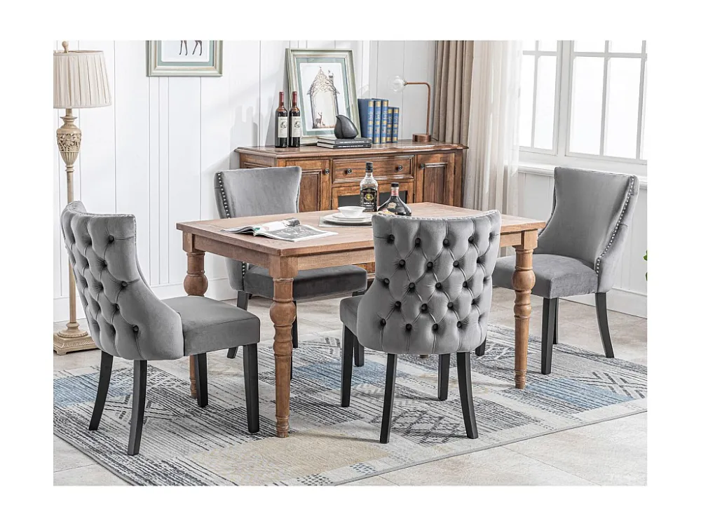 Lot de 4 chaises velours gris - Chaise 4 pieds avec piqûre de bouton structure en bois massif pour salle à manger - 91x50x...