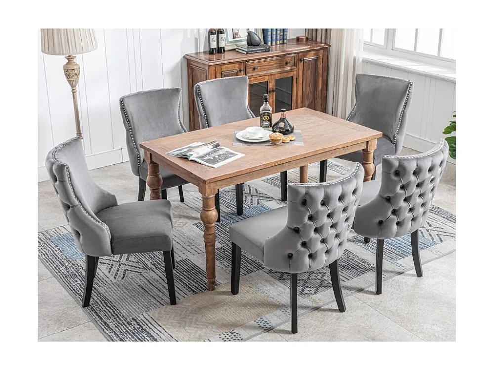Lot de 6 chaises velours gris - Chaise 4 pieds avec piqûre de bouton structure en bois massif pour salle à manger - 91x50x...