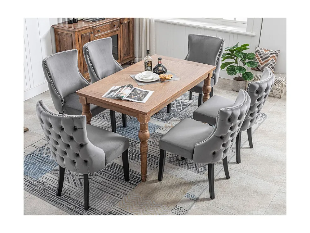 Lot de 6 chaises velours gris - Chaise 4 pieds avec piqûre de bouton structure en bois massif pour salle à manger - 91x50x...