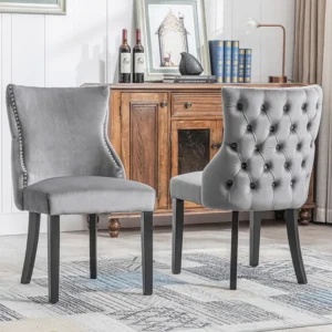 Lot de 2 chaises velours gris - Chaise 4 pieds avec piqûre de bouton structure en bois massif pour salle à manger - 91x50x...