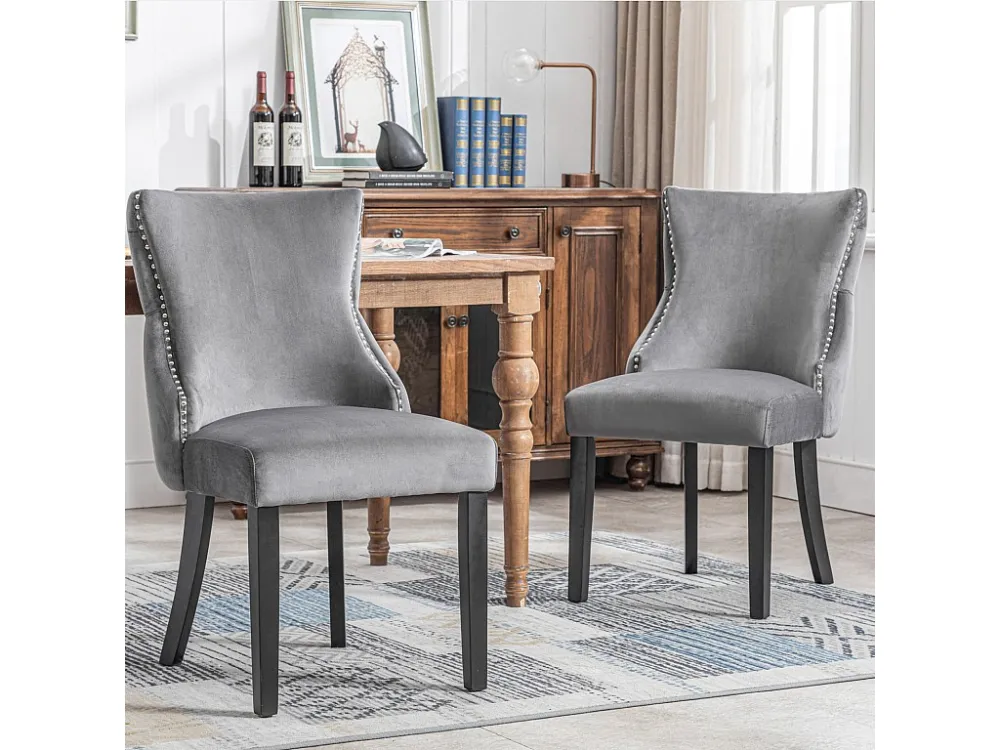 Lot de 2 chaises velours gris - Chaise 4 pieds avec piqûre de bouton structure en bois massif pour salle à manger - 91x50x...