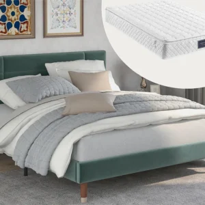 Bed met hoofdeinde - 140 x 200 cm - fluweel - groen + matras Merax