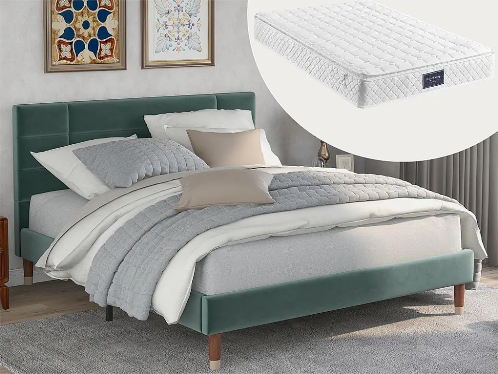 Bed met hoofdeinde - 140 x 200 cm - fluweel - groen + matras Merax