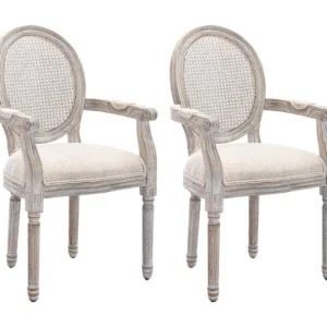 Set van 2 stoelen met armleuningen - Riet, stof en heveahout - Beige - ANTOINETTE