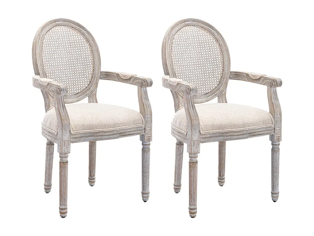Set van 2 stoelen met armleuningen - Riet, stof en heveahout - Beige - ANTOINETTE