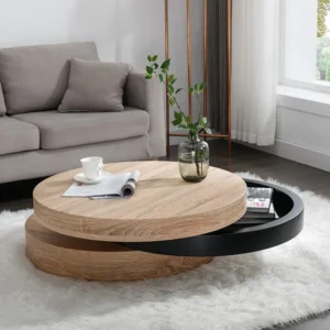 Draaibare ronde salontafel met 1 nis van mdf - Zwart en licht naturel - JANITA