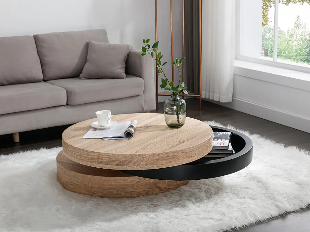 Draaibare ronde salontafel met 1 nis van mdf - Zwart en licht naturel - JANITA