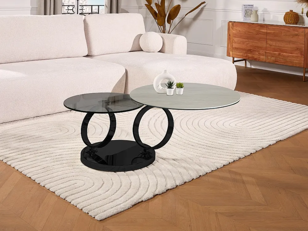 Moduleerbare salontafel van keramiek, gerookt gehard glas en metaal - Zwart en naturel - JOLINE Maison Céphy