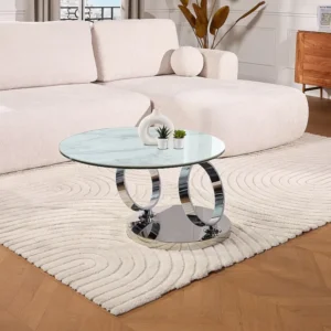 Salontafel met draaiblad JOLINE - Keramiek en gehard glas - Wit marmereffect Maison Céphy