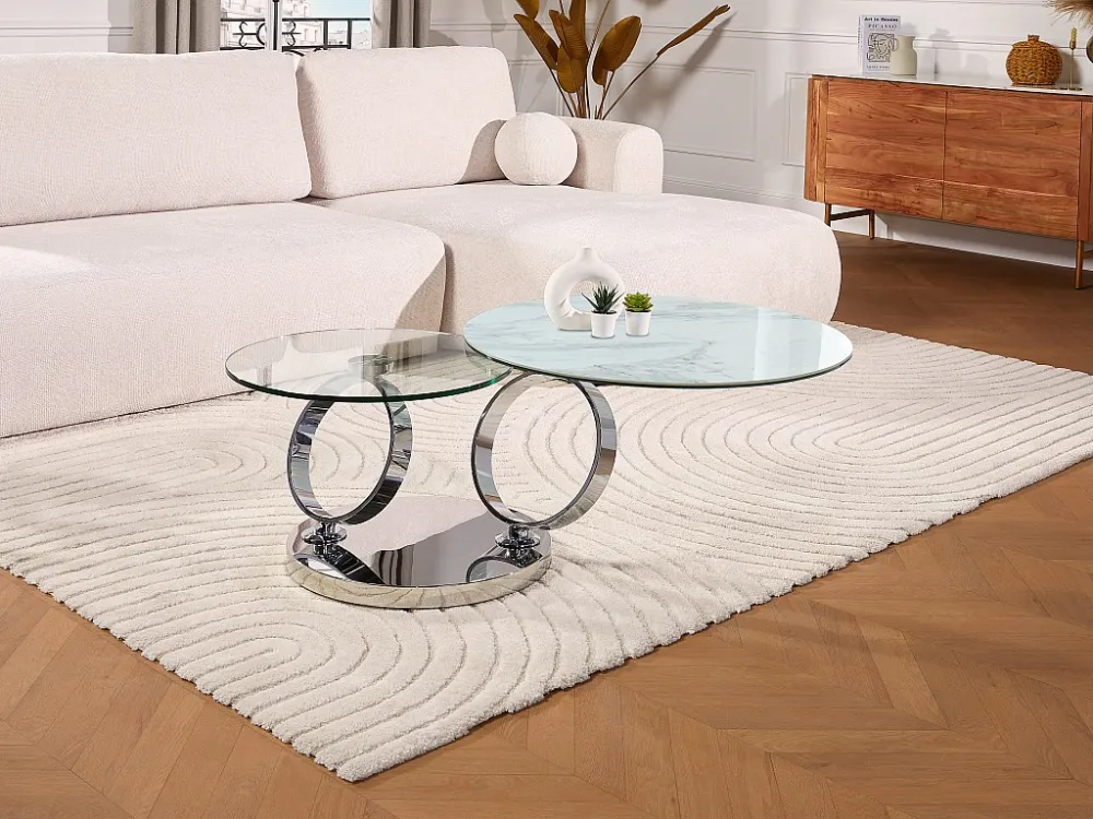 Salontafel met draaiblad JOLINE - Keramiek en gehard glas - Wit marmereffect Maison Céphy