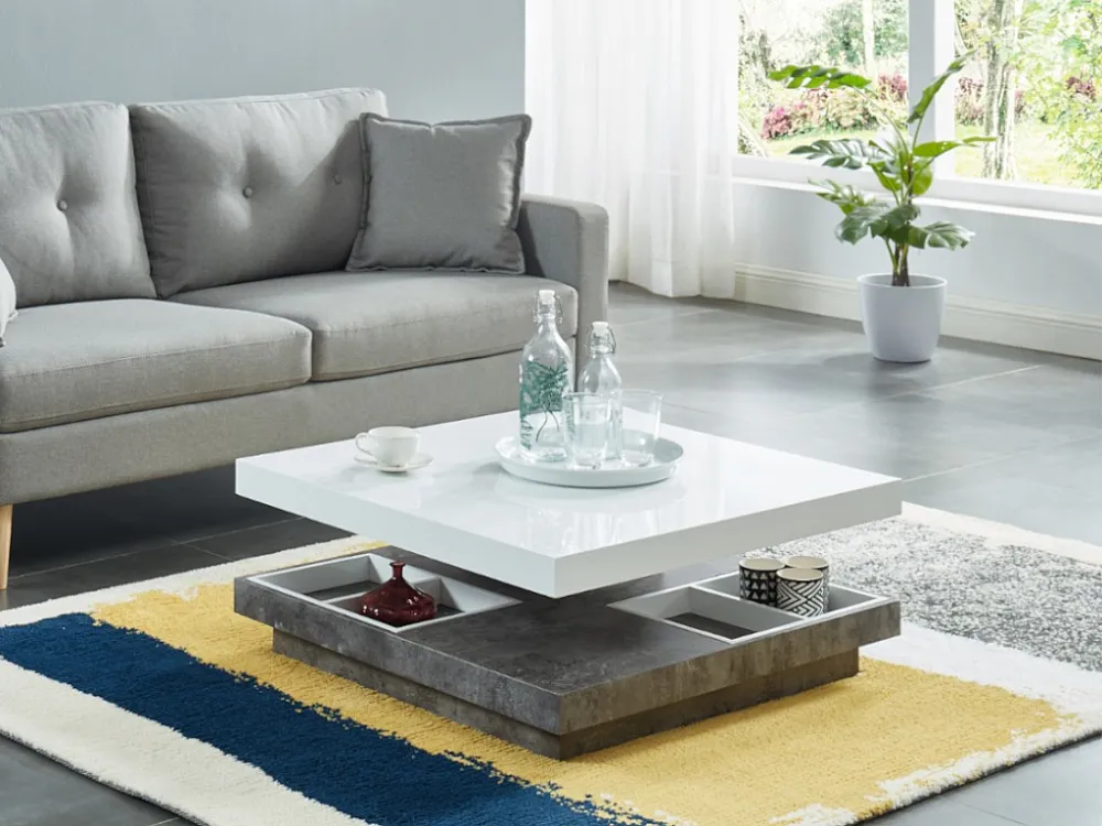 Salontafel FAUSTO II - Draaiblad - Wit gelakt mdf en beton