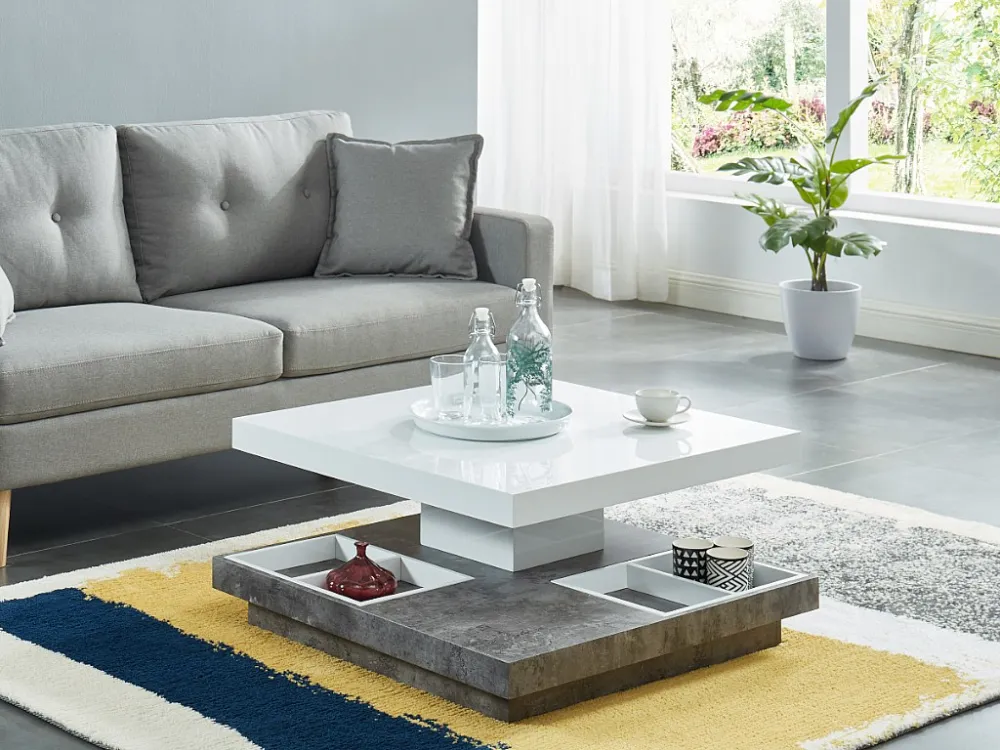Salontafel FAUSTO II - Draaiblad - Wit gelakt mdf en beton