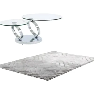 Set salontafel met draaiend transparant blad JOLINE en grijs shaggy tapijt MAZE