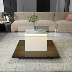 Table basse carré 80x80x40cm, plateau en verre brillant, table LED avec roulettes pivotantes, Blanc+Noir