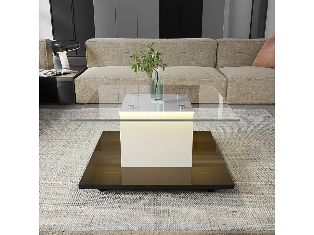 Table basse carré 80x80x40cm, plateau en verre brillant, table LED avec roulettes pivotantes, Blanc+Noir