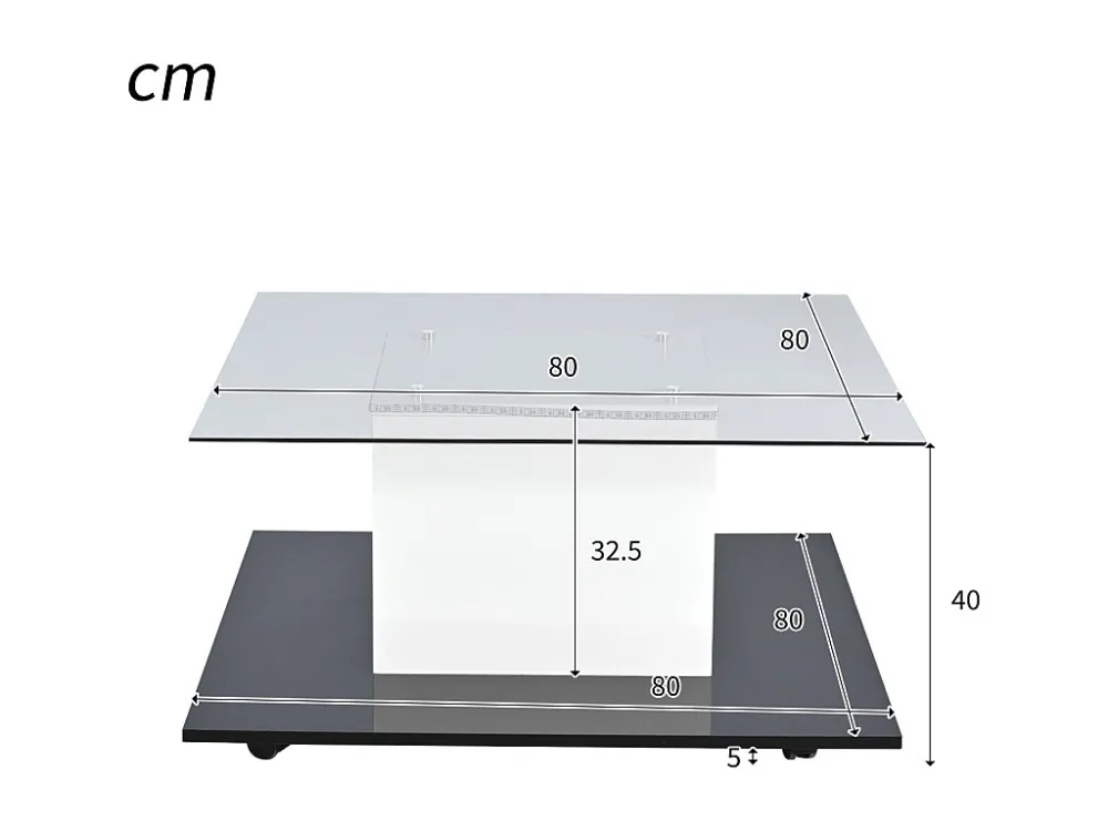 Table basse carré 80x80x40cm, plateau en verre brillant, table LED avec roulettes pivotantes, Blanc+Noir