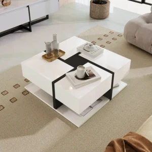 Table basse carrée haute brillance, avec 4 tiroirs, design uniques, espace de rangement en bas, 78x78x36cm blanc