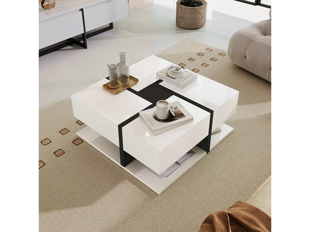 Table basse carrée haute brillance, avec 4 tiroirs, design uniques, espace de rangement en bas, 78x78x36cm blanc