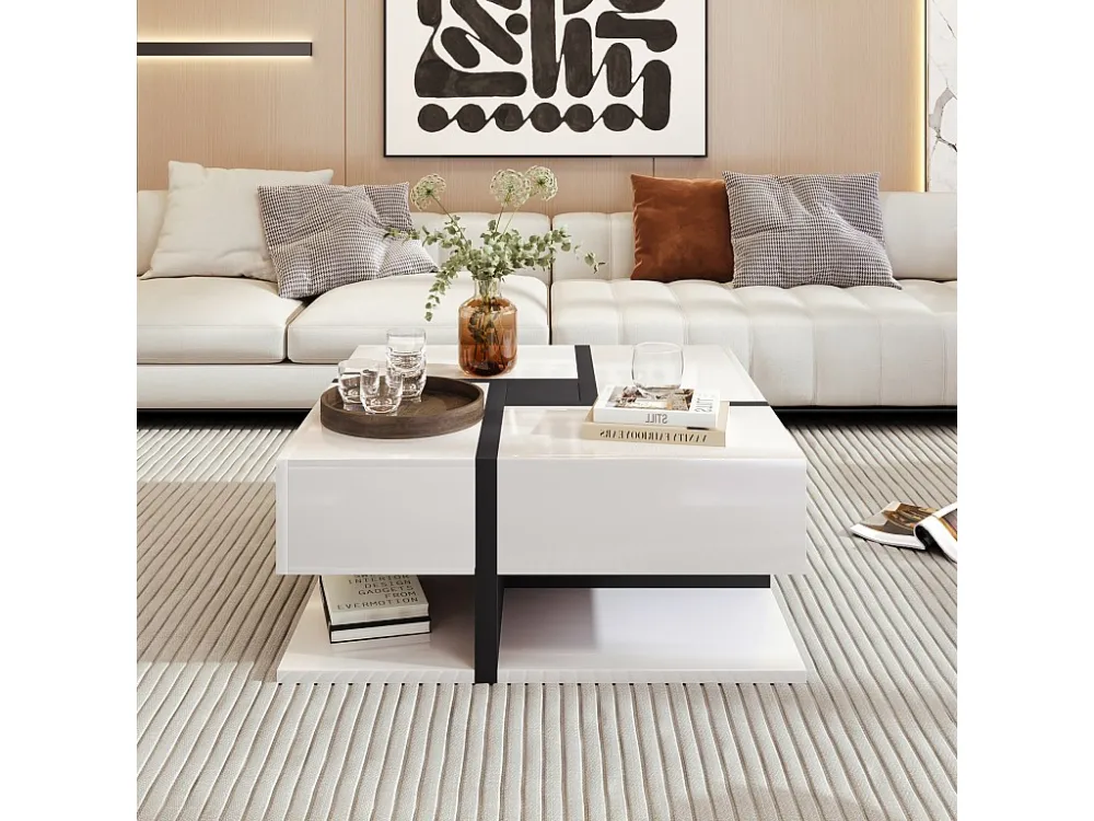 Table basse carrée haute brillance, avec 4 tiroirs, design uniques, espace de rangement en bas, 78x78x36cm blanc
