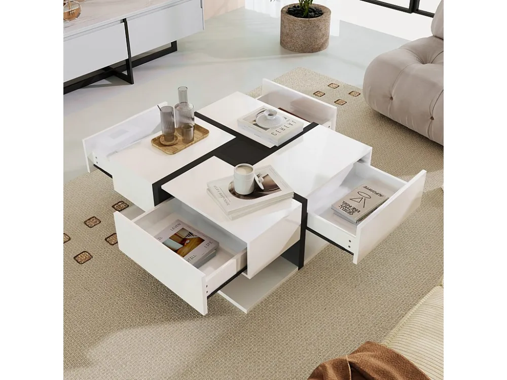 Table basse carrée haute brillance, avec 4 tiroirs, design uniques, espace de rangement en bas, 78x78x36cm blanc