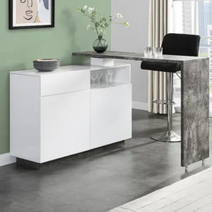 Draaibaar barmeubel ELDIR - 2 deuren, 1 lade en 1 nis - MDF - Witgelakt & betonkleur