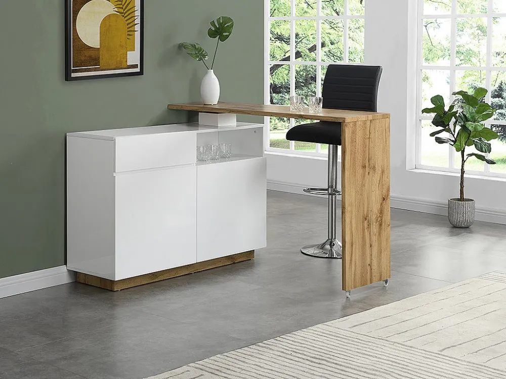 Draaibaar barmeubel ELDIR- 2 deuren, 1 lade en 1 nis - MDF - Witgelakt & eiken - Koop nu