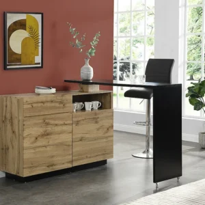 Draaibaar barmeubel ELDIR - 2 deuren, 1 lade en 1 nis - MDF - Eiken & zwart - Koop online