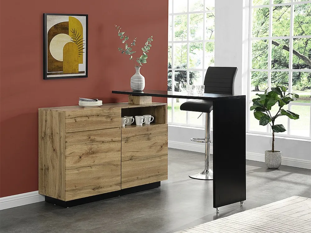 Draaibaar barmeubel ELDIR - 2 deuren, 1 lade en 1 nis - MDF - Eiken & zwart - Koop online