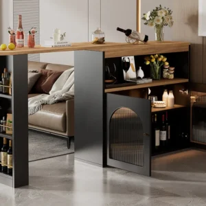 Draaibare barkast - 2 deuren, 3 opbergplanken en nis - Bovenblad met MDF-houteffect - LED's - Naturel en zwart Merax