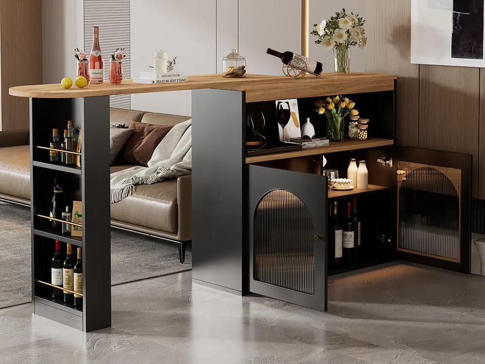 Draaibare barkast - 2 deuren, 3 opbergplanken en nis - Bovenblad met MDF-houteffect - LED's - Naturel en zwart Merax