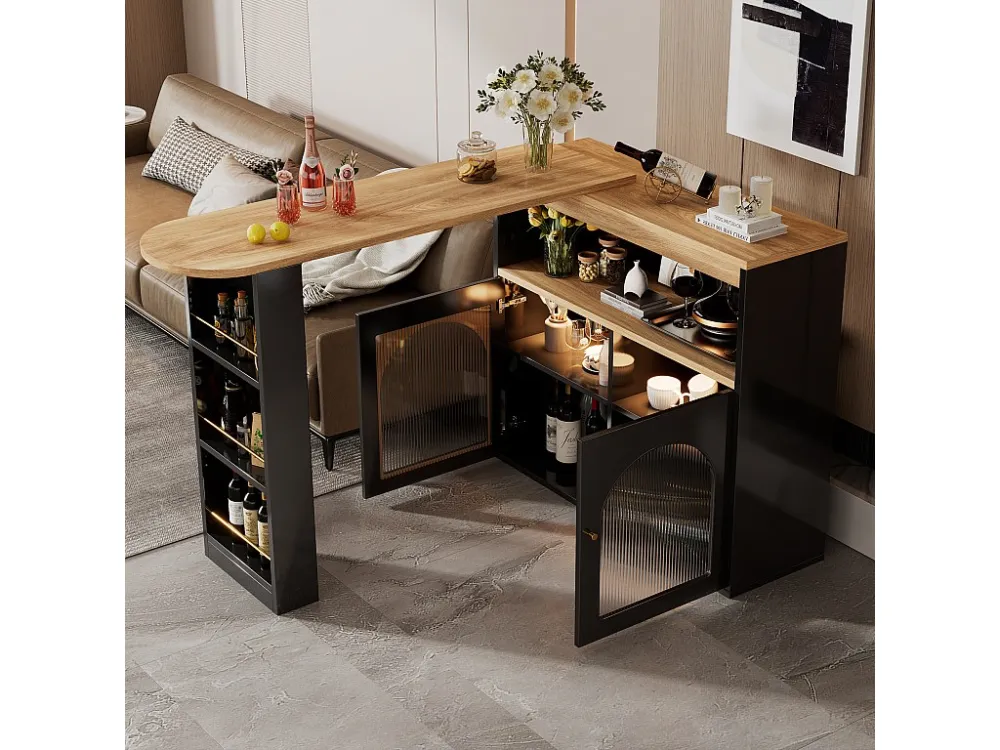 Draaibare barkast - 2 deuren, 3 opbergplanken en nis - Bovenblad met MDF-houteffect - LED's - Naturel en zwart Merax