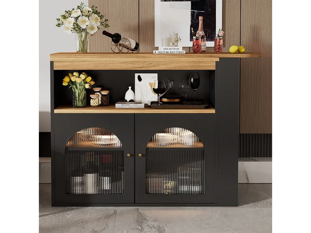 Draaibare barkast - 2 deuren, 3 opbergplanken en nis - Bovenblad met MDF-houteffect - LED's - Naturel en zwart Merax