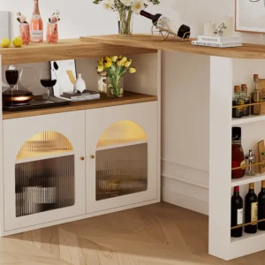 Draaibare barkast - 2 deuren, 3 opbergplanken en nis - Bovenblad met MDF-houteffect - LED's - Naturel en wit Merax