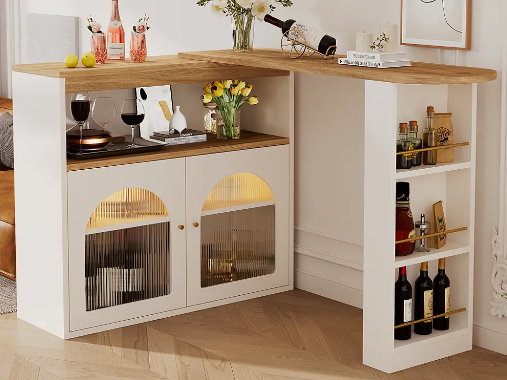 Draaibare barkast - 2 deuren, 3 opbergplanken en nis - Bovenblad met MDF-houteffect - LED's - Naturel en wit Merax