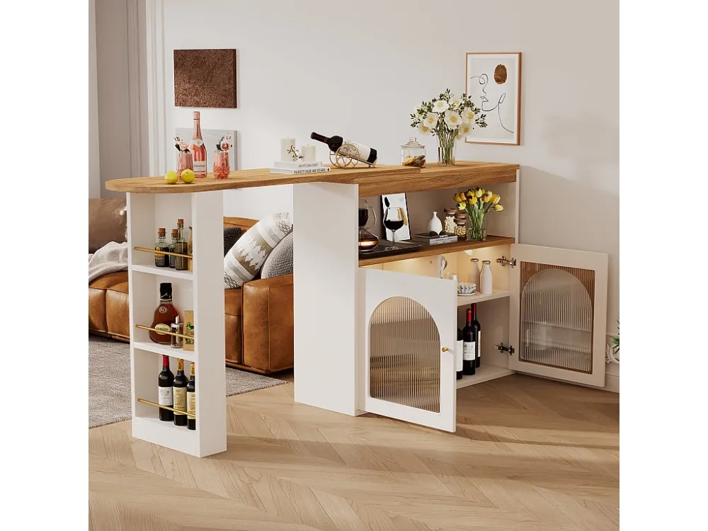 Draaibare barkast - 2 deuren, 3 opbergplanken en nis - Bovenblad met MDF-houteffect - LED's - Naturel en wit Merax