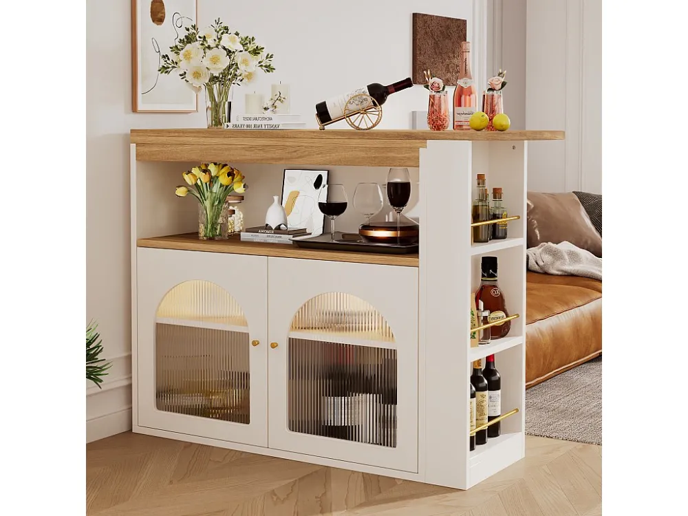 Draaibare barkast - 2 deuren, 3 opbergplanken en nis - Bovenblad met MDF-houteffect - LED's - Naturel en wit Merax