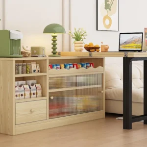 Barmeubilair、Buffet met uitschuifbare klaptafel - grote opbergruimte - naturel en zwart ModernLuxe