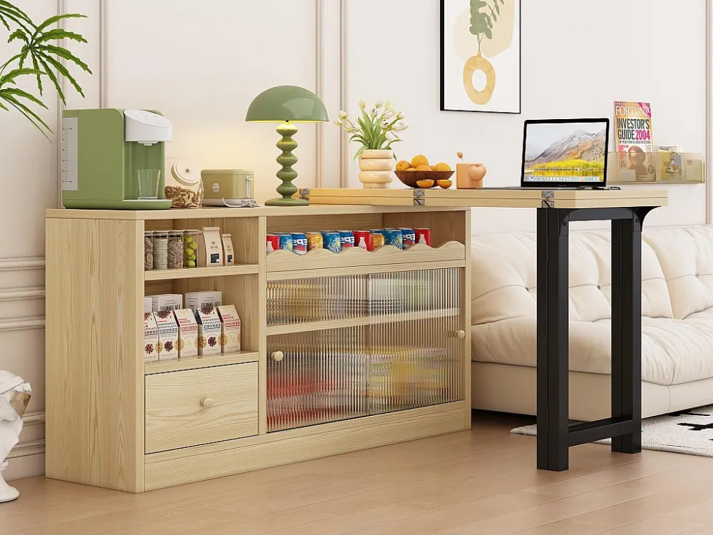Barmeubilair、Buffet met uitschuifbare klaptafel - grote opbergruimte - naturel en zwart ModernLuxe