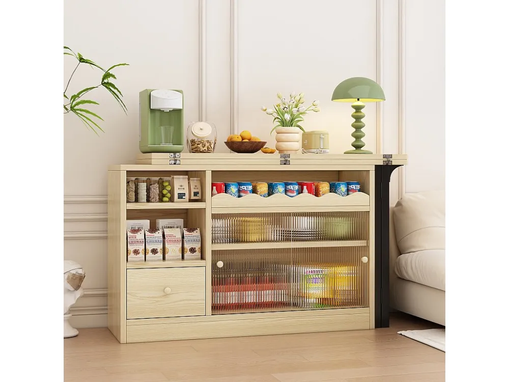 Barmeubilair、Buffet met uitschuifbare klaptafel - grote opbergruimte - naturel en zwart ModernLuxe