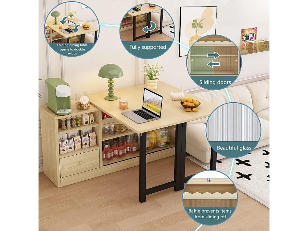 Barmeubilair、Buffet met uitschuifbare klaptafel - grote opbergruimte - naturel en zwart ModernLuxe