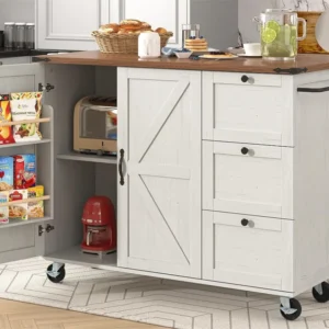 Dressoir, barmeubel op wielen - met uitschuifbaar blad - 2 deuren en 3 laden - Beige ModernLuxe