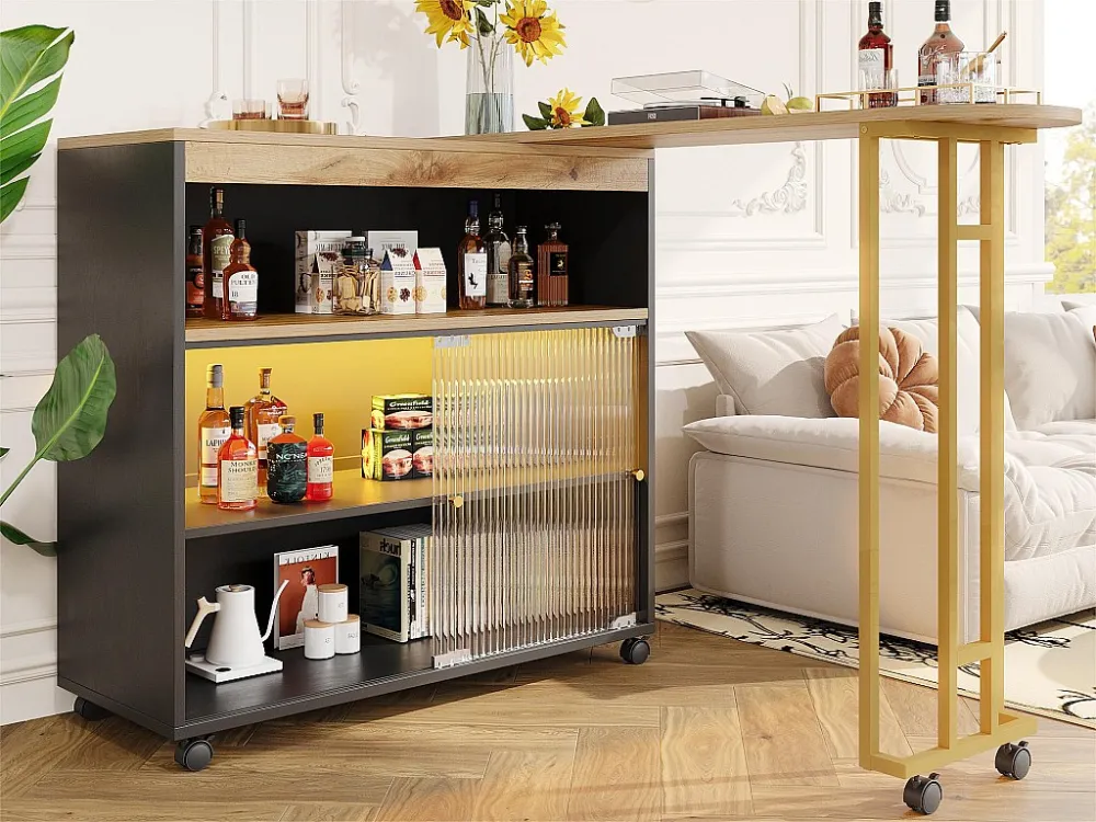 Dressoir、Draaibare en uitschuifbare barkast met LED - opbergvakken - Zwart ModernLuxe