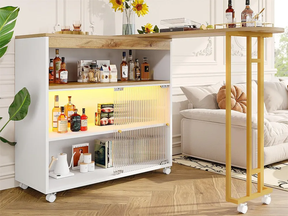 Dressoir、Draaibare en uitschuifbare barkast met LED - opbergvakken - Wit ModernLuxe