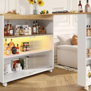 Dressoir、Draaibare en uitschuifbare barkast met LED - vakken en kruidenrek - Wit ModernLuxe